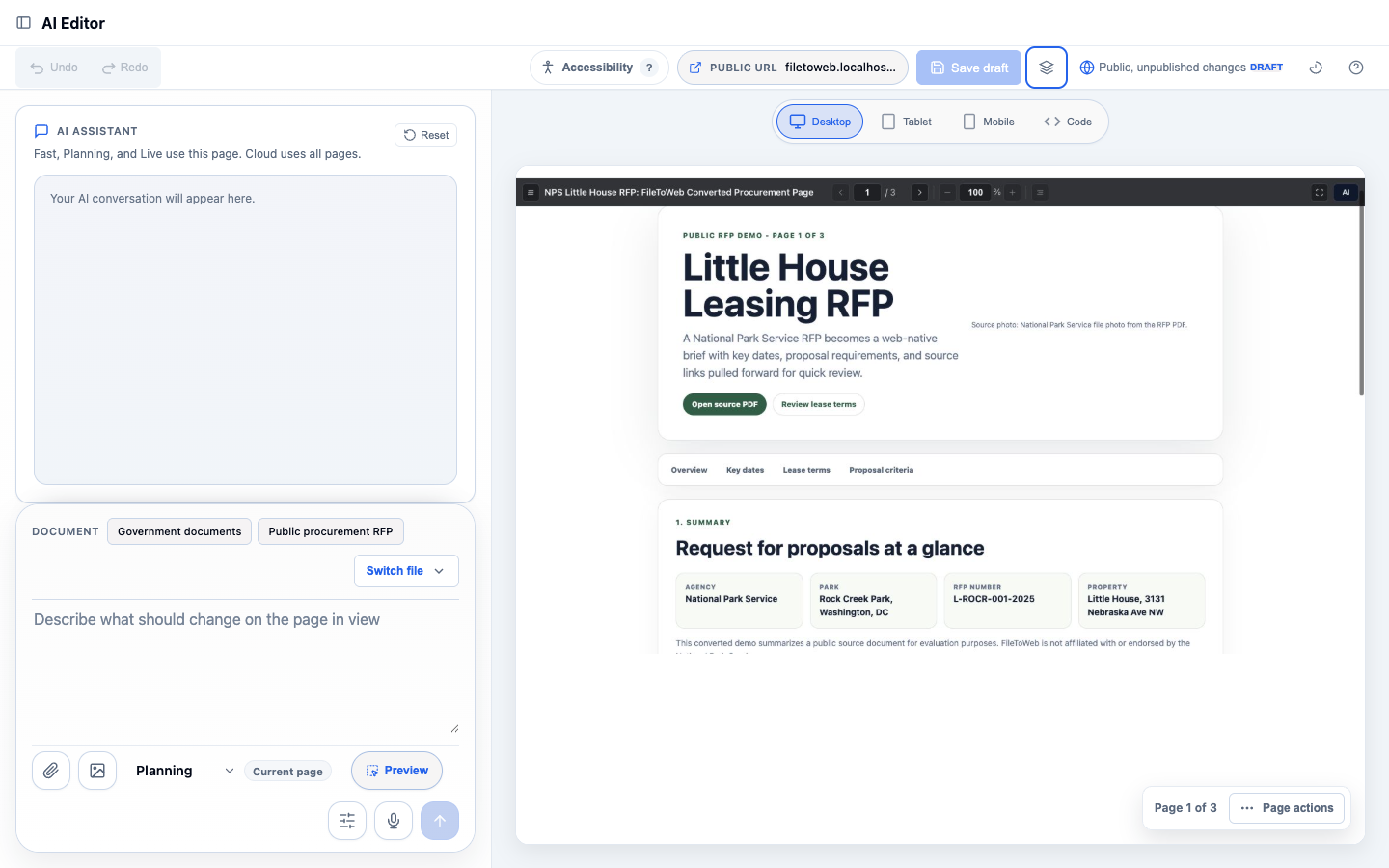 FileToWeb Studio with an editable RFP and AI assistant