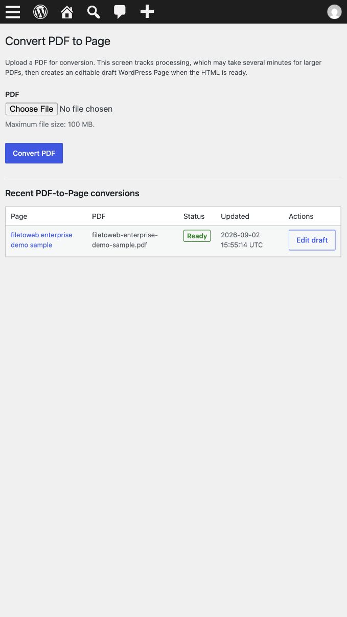 WordPress PDF-to-Page screen showing the upload controls and a completed conversion marked Ready, with an Edit draft action.